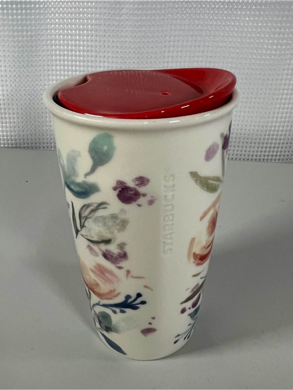 Starbucks Cream Ceramic Mug with Red Lid and Watercolor Florals